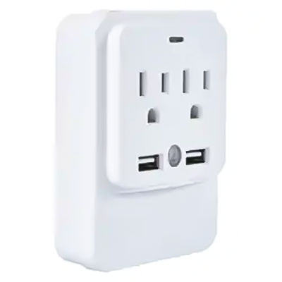 LA055G Plug-In Night Light With 2-Outlet Extender And 2 USB Ports 1000 Joules Dusk-to-Dawn Sensor Night Light 3-Outlet Surge Protector