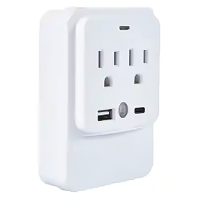 LA055GA Plug-In Night Light With 2-Outlet Extender And 2 USB Ports 1000 Joules Dusk-To-Dawn Sensor Night Light 3-Outlet Surge Protector