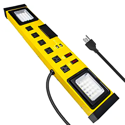 LA004KA / LPU6+2U2M 25FT SJT 14AWG/3C 2 USB Ports DC 5V 3.4A 2 LED Lamps 500 Lumen 20W 6 Outlet Workshop Surge Protector Power Strip With Lighting