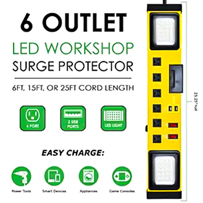 LA004KA / LPU6+2U2M 25FT SJT 14AWG/3C 2 USB Ports DC 5V 3.4A 2 LED Lamps 500 Lumen 20W 6 Outlet Workshop Surge Protector Power Strip With Lighting