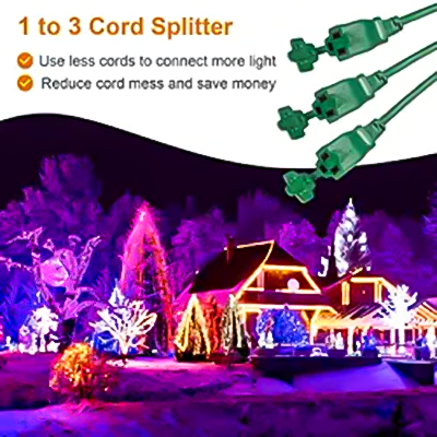 LA074WA 16/3 SJTW 45FT 1 to 3 Plug Splitter Outdoor Extension Cord with Multiple Outlets for Landscape Christmas Lights