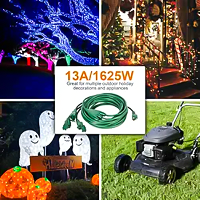 LA074WA 16/3 SJTW 45FT 1 to 3 Plug Splitter Outdoor Extension Cord with Multiple Outlets for Landscape Christmas Lights