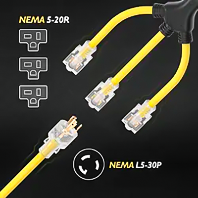 LA074W 3-Prong 2 FT 12/3 NEMA Twist Lock L5-30P to (3) Lighted 5-20R 30 Amp to 15/20 Amp W Splitter Generator Power Cord Adapter